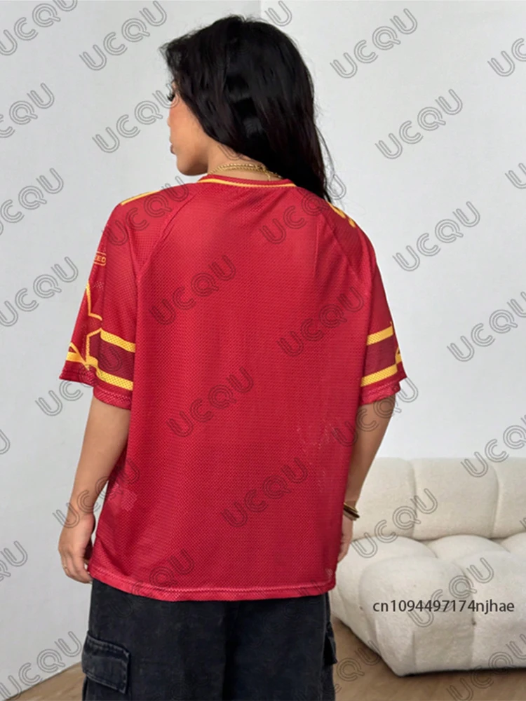 2025 Summer New Red Speed 91 Print Women's T-Shirt V-Neck Casual Short Sleeve Sports Football Jersey Y2K Loose Oversized Tops