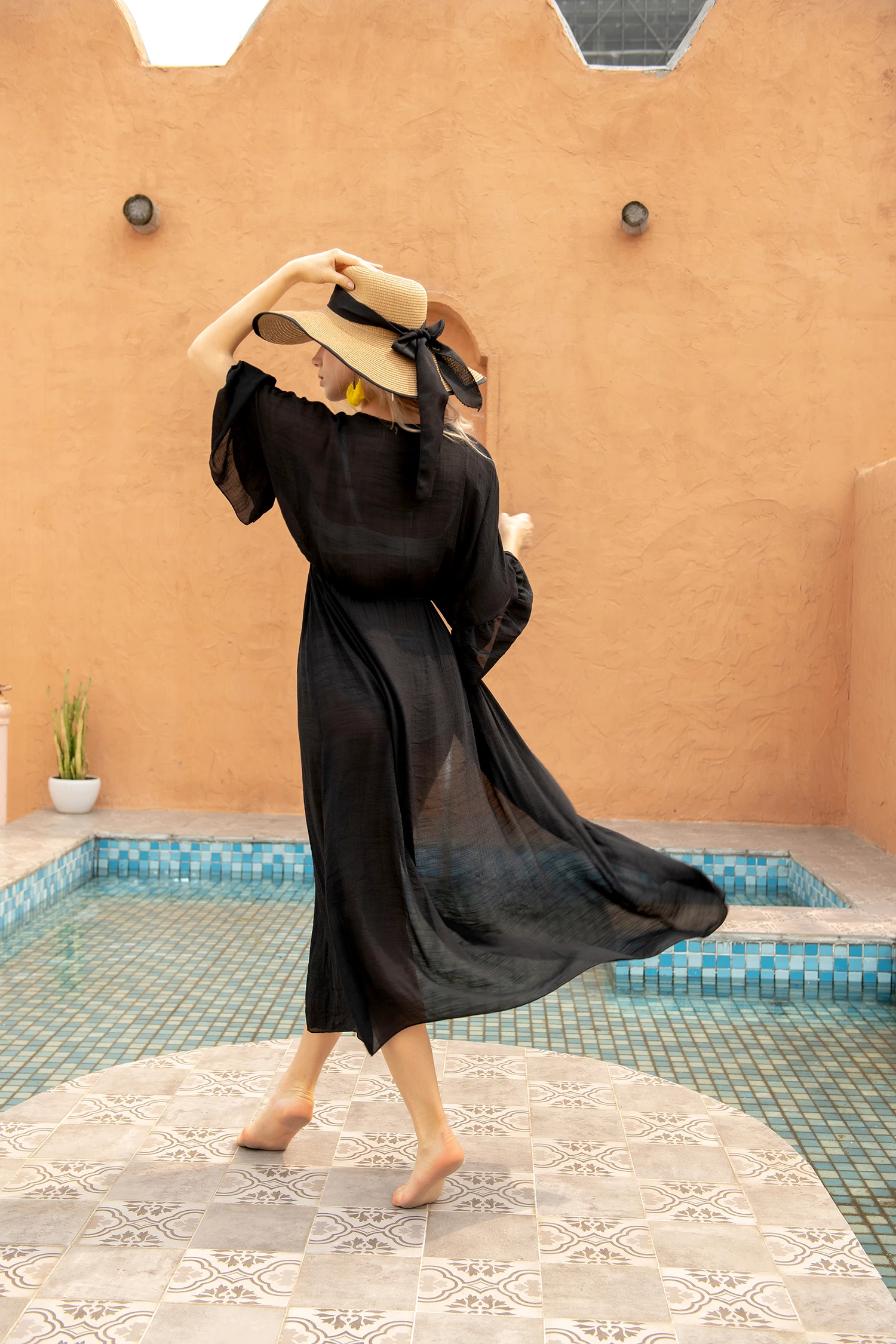 Cárdigan Kimono para playa, vestido largo Maxi para mujer, vestido veraniego Sexy con cintura definida, manga acampanada negra, ropa de playa con cordones