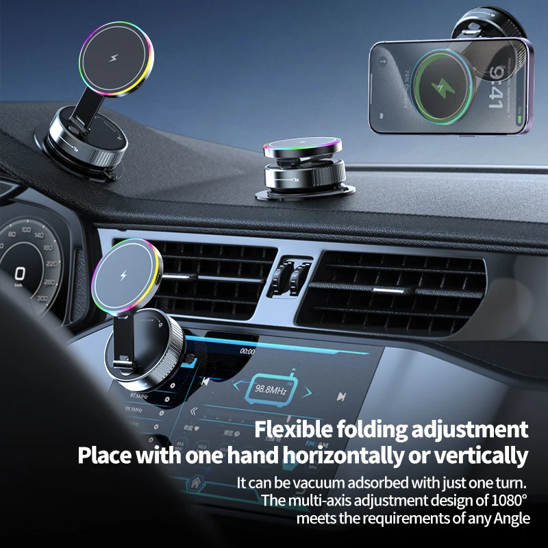 Magnetic Car Mount Charger 15W Fast foldable 360° rotation for iPhone 16 Pro Max  Wireless  Car Phone holder charging
