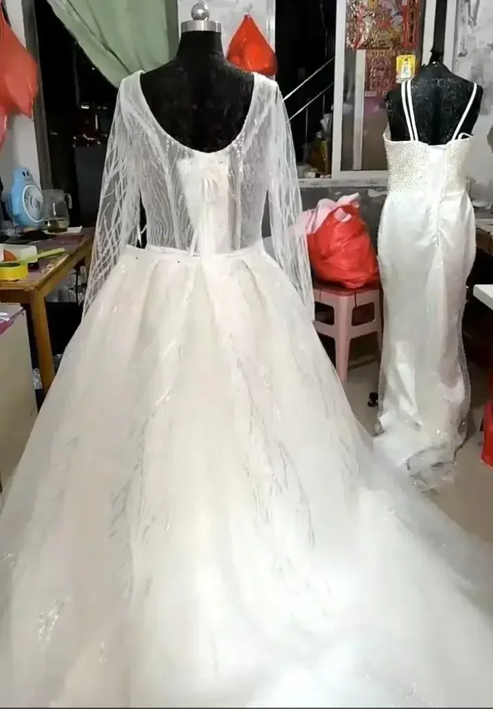 Personalizado lantejoulas sereia vestido de casamento manga longa com decote em v completo miçangas rendas 2 em 1 sereia feito sob encomenda vestido de noiva