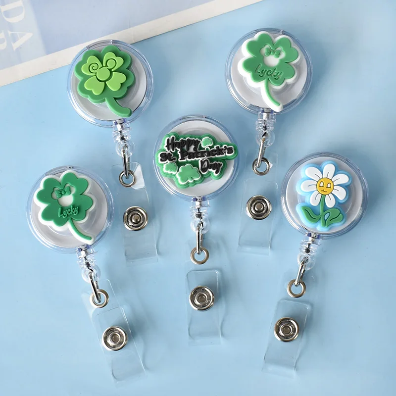 1 PCS Green Lucky Four-leaf Badge Reel Retractable Nurse Doctor ID Badge Holder With 360 Rotating Alligator Clip Name Holder