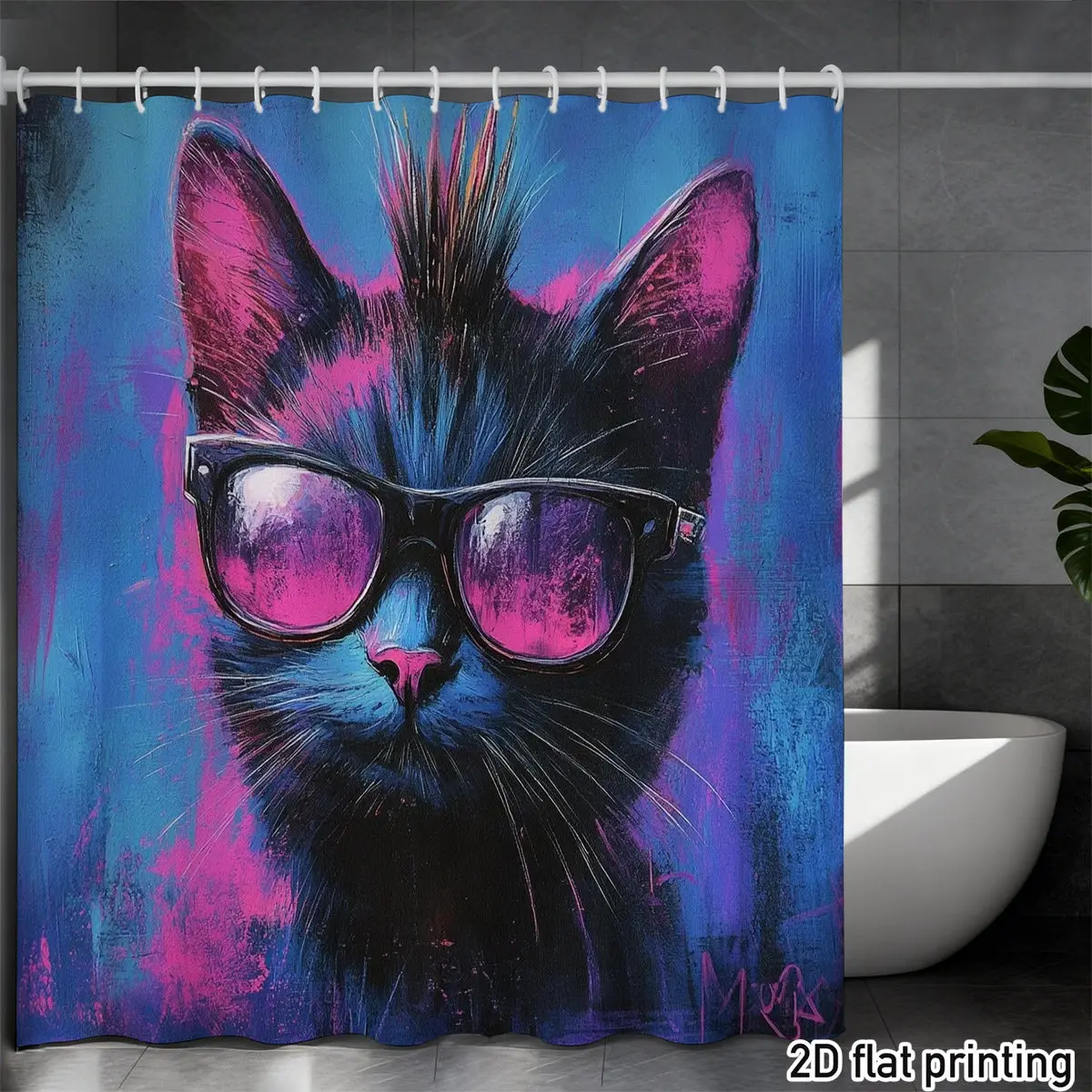 

Cool Cat Shower Curtain, Punk Rock Style, Graffiti Art Print, Colorful Animal Decor, Waterproof Bathroom Fabric Panel