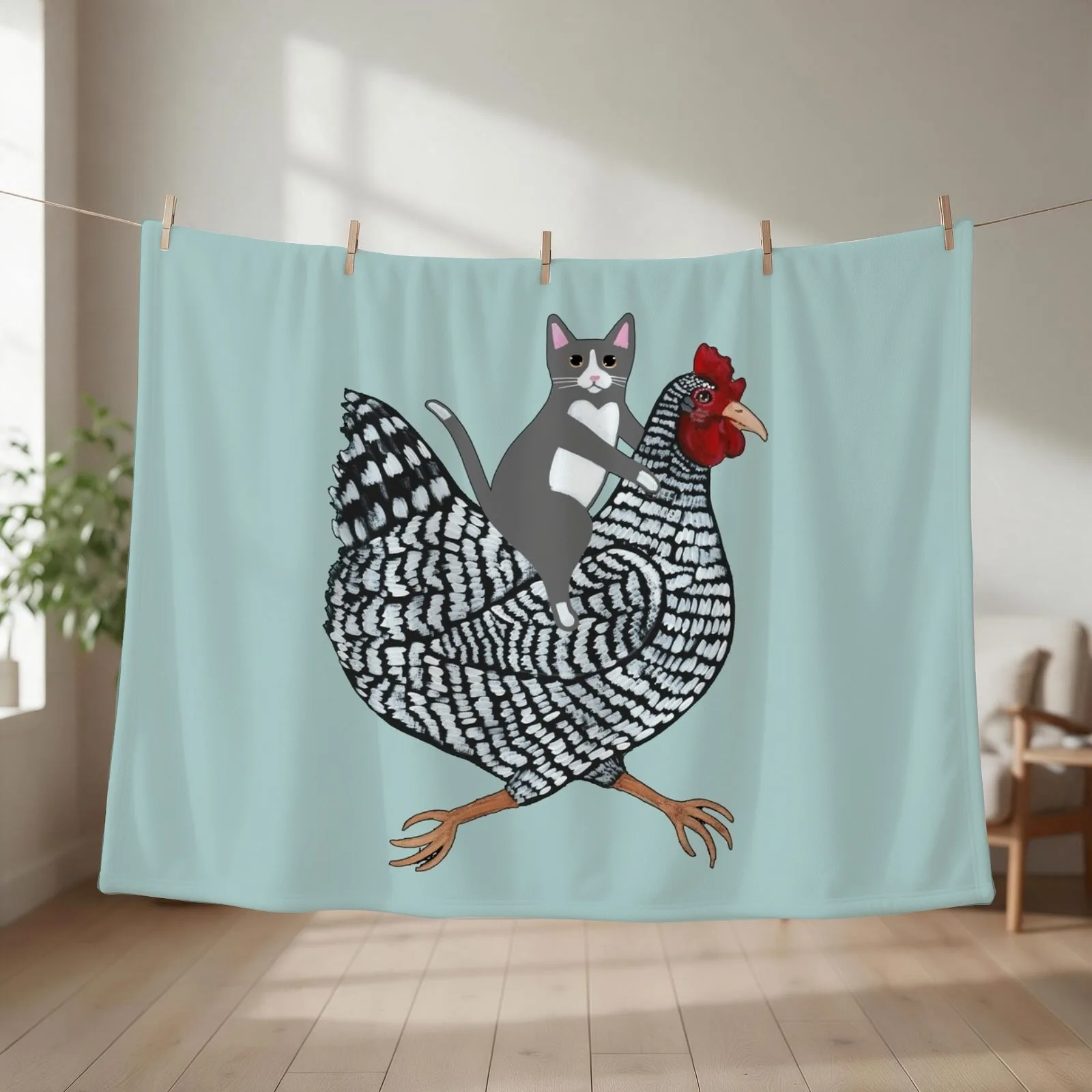 Grey Tuxedo Cat Chicken Ride Throw Blanket couch cozy soft plush fuzzy picnic outdoor blanket