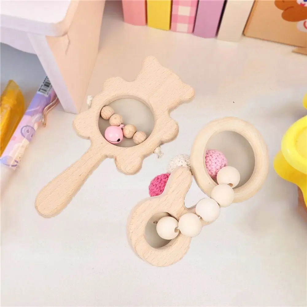 Einfache Cartoon Bär Holz Baby Rassel Spielzeug Anti-verloren Einstellbare Handbell Rassel Spielzeug Handgemachte Kaninchen Holz Ringe Spielzeug Kinder