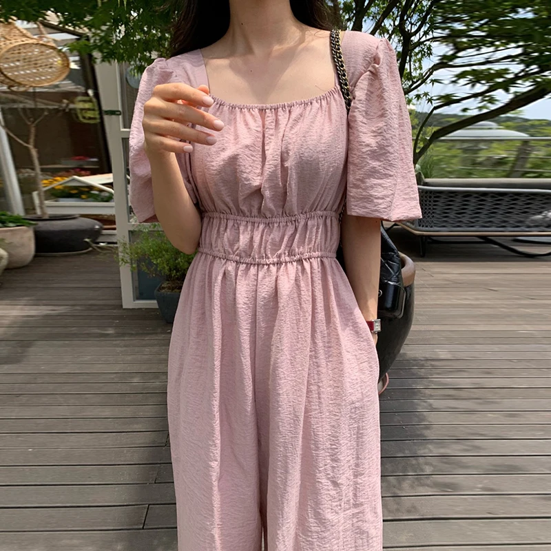 시크한 여름 빈티지 스퀘어 칼라 브라이드메이드 롬퍼 롱 팬츠 여성용 하이웨이스트 슬리밍 와이드 레그 점프수트 쇄골 노출