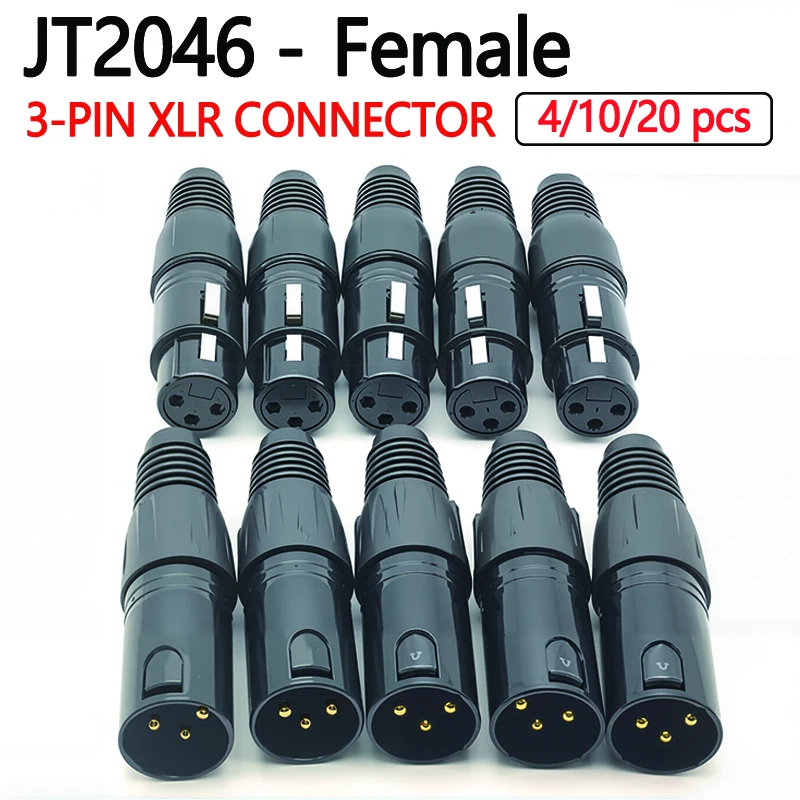 4/10/20pcs 3pins XLR set connector with wire solding and panel mount male plug+female socket for Audio/Video Microphone Black