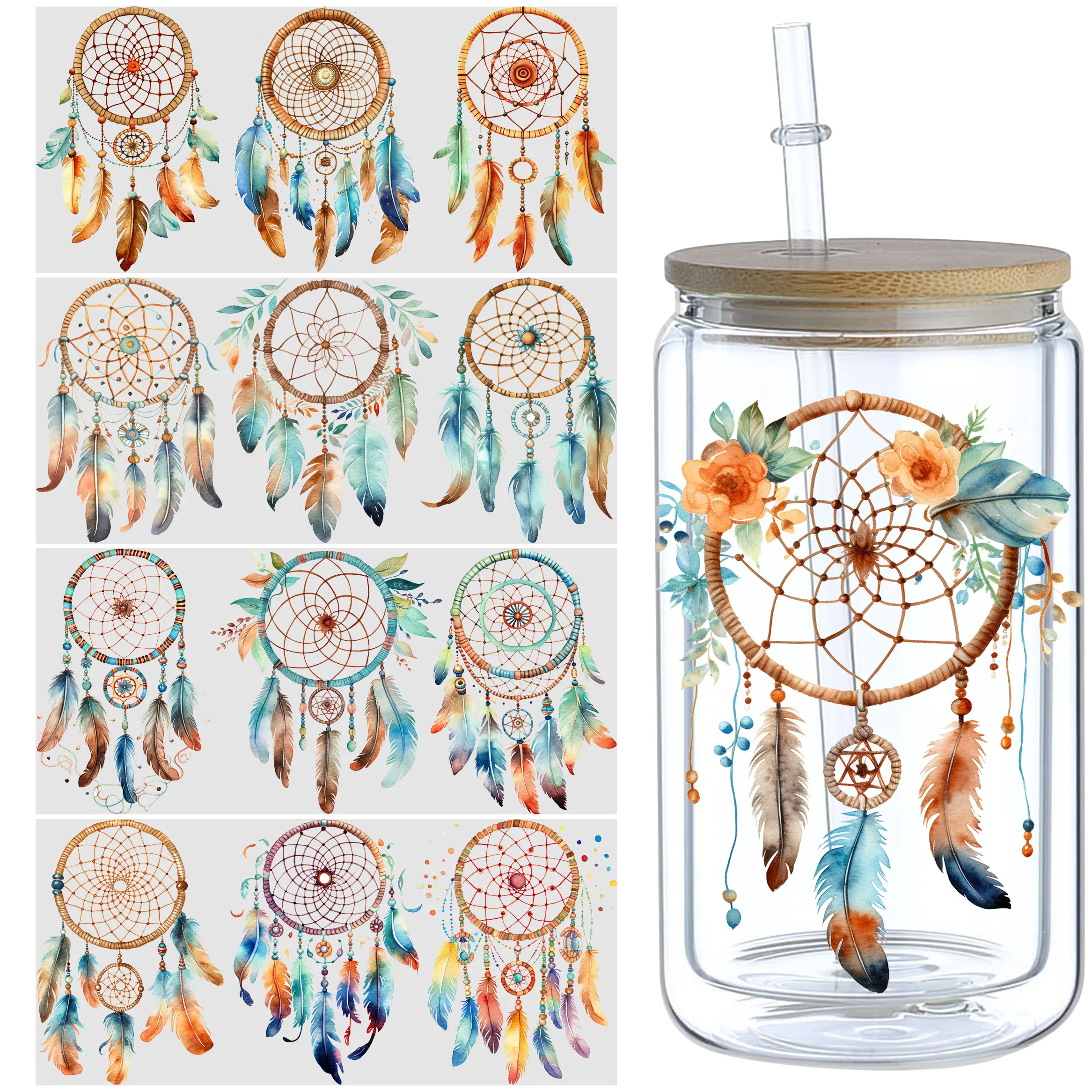 5 Sheets Dream Catcher UV DTF Cup Stickers 16 oz, DTF Friction Transfer Stickers, Waterproof Dream Catcher Stickers for DIY
