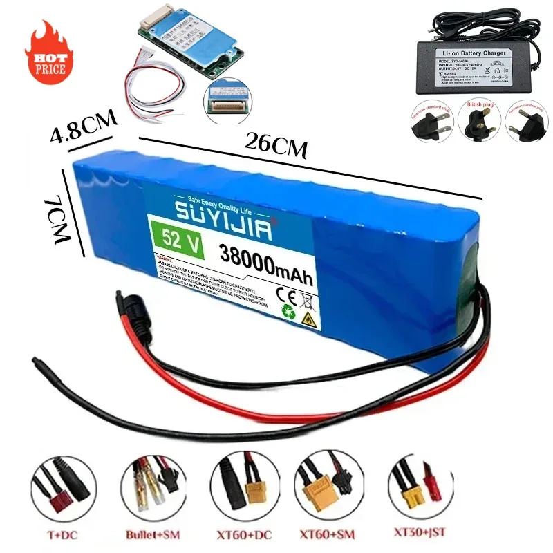 Baterai Lithium daya 18650 14S2P 52V, baterai Lithium isi ulang kapasitas sebenarnya 38000mAh BMS bawaan + pengisi daya 58.8v