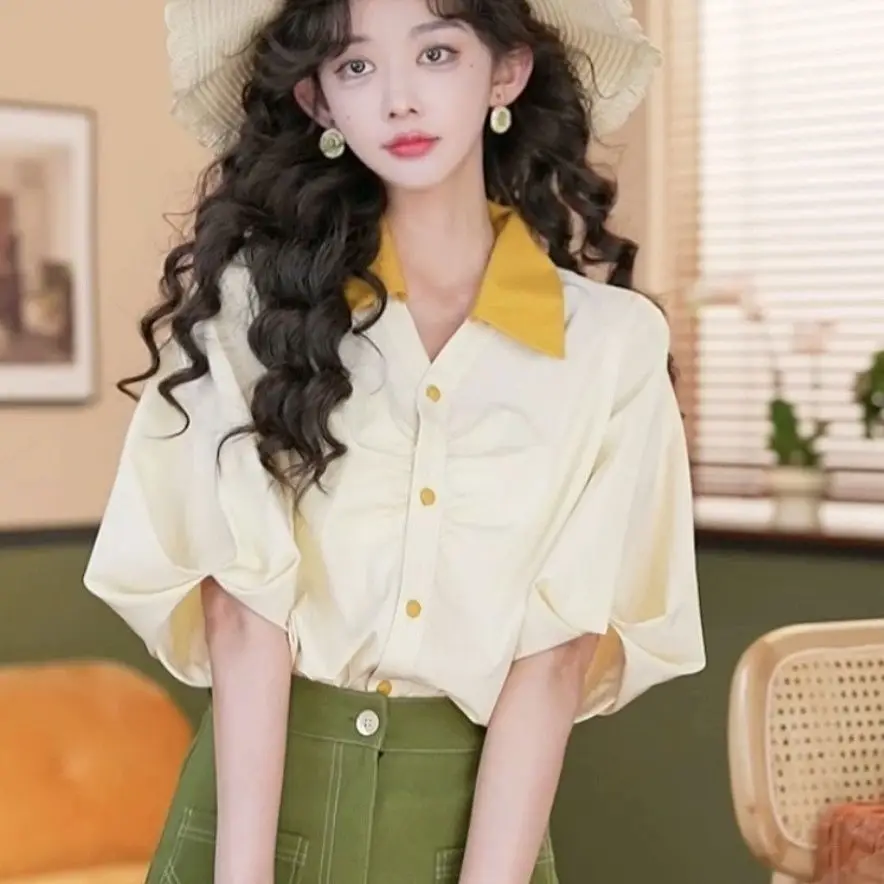 

French V-Neck Retro Summer Short Sleeve Shirt New Stylish Versatile Top