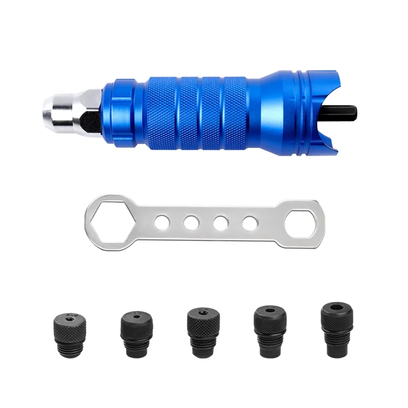 ABRW-Set di strumenti per pistola per dadi per rivetti elettrici a batteria in lega di alluminio Colore blu, 3/32", 1/8", 5/32", 1/4", ugelli con codolo esagonale fai da te