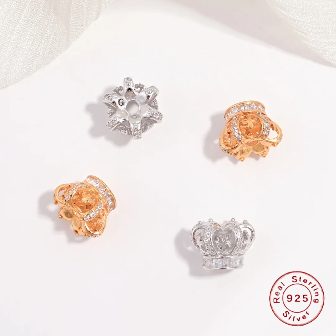 

S925 Sterling Silver Inlaid Zircon Hollow Crown Spacer Beads for DIY Handmade Bracelet & Necklace Jewelry Accessories SZ225