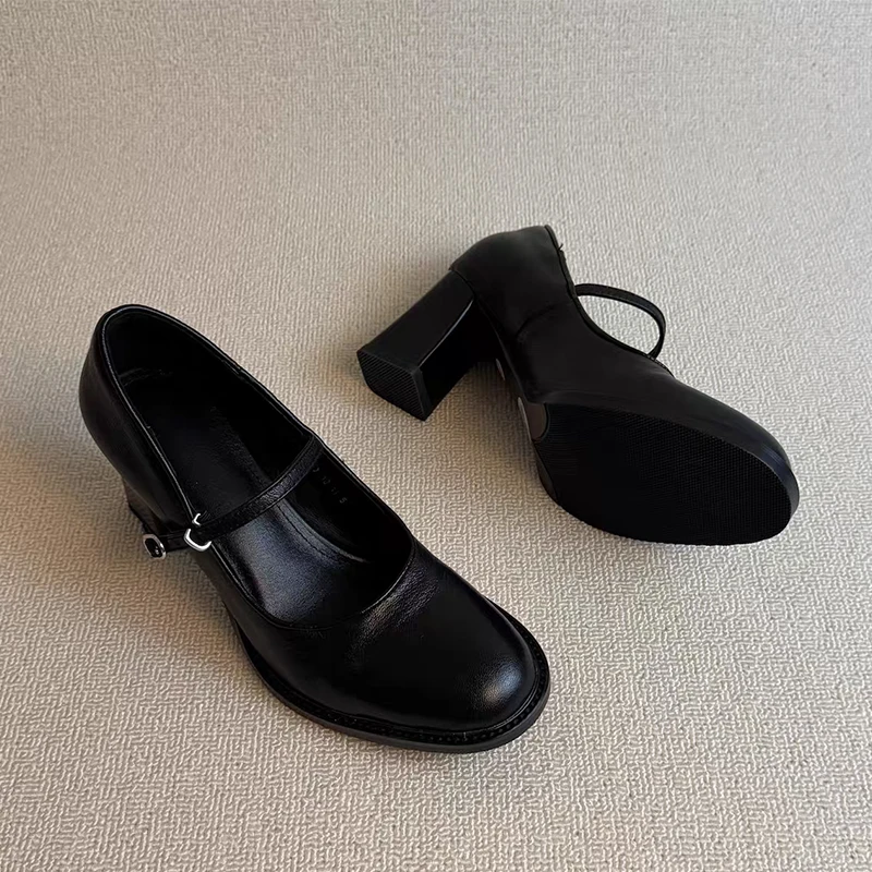 Zapatos de tacón alto para mujer, Zapatos de cuero gruesos y poco profundos a la moda, Zapatos de tacón para primavera 2026, vestido elegante de lujo para mujer