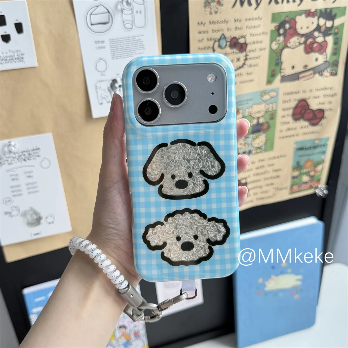 Coque de téléphone Y2K avancée coréenne mignonne à carreaux bleus avec chiot argenté brillant pour iPhone 17Air 16 15 14 13 12 11 ProMax Plus