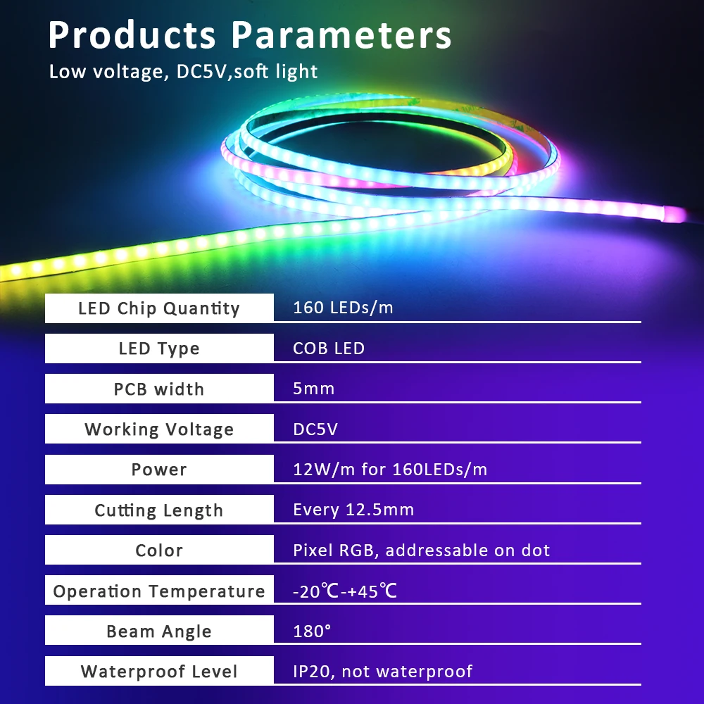 5V RGBIC COB LED Strip Light WS2812B Addressable 5mm 160LEDs/m Flexible Ribbon Bluetooth Control Running Water Flowing Tape Lamp