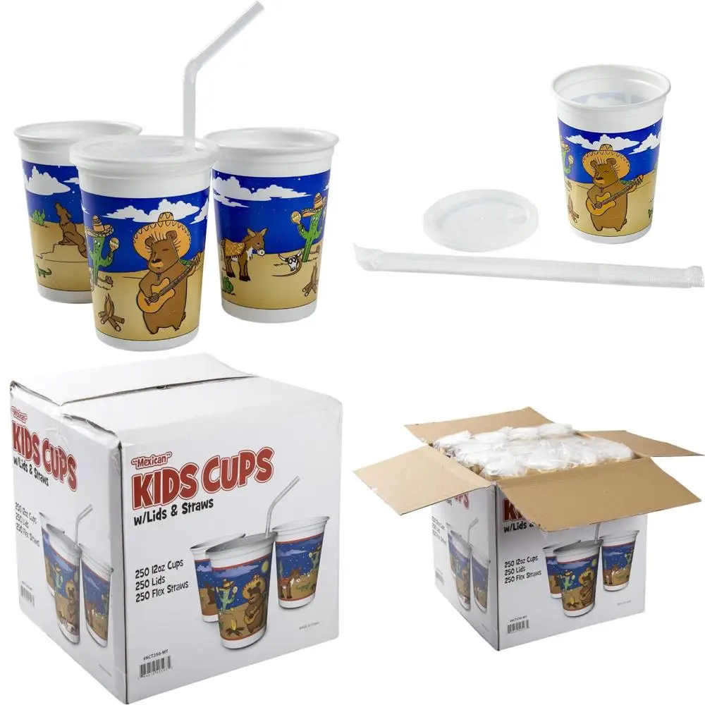 

Одноразовые стаканчики на мексиканской тему на 12 унций с соломинкой и крышками, оптовая упаковка из 250 штук, идеально подходят для Fiestas and Celebrations