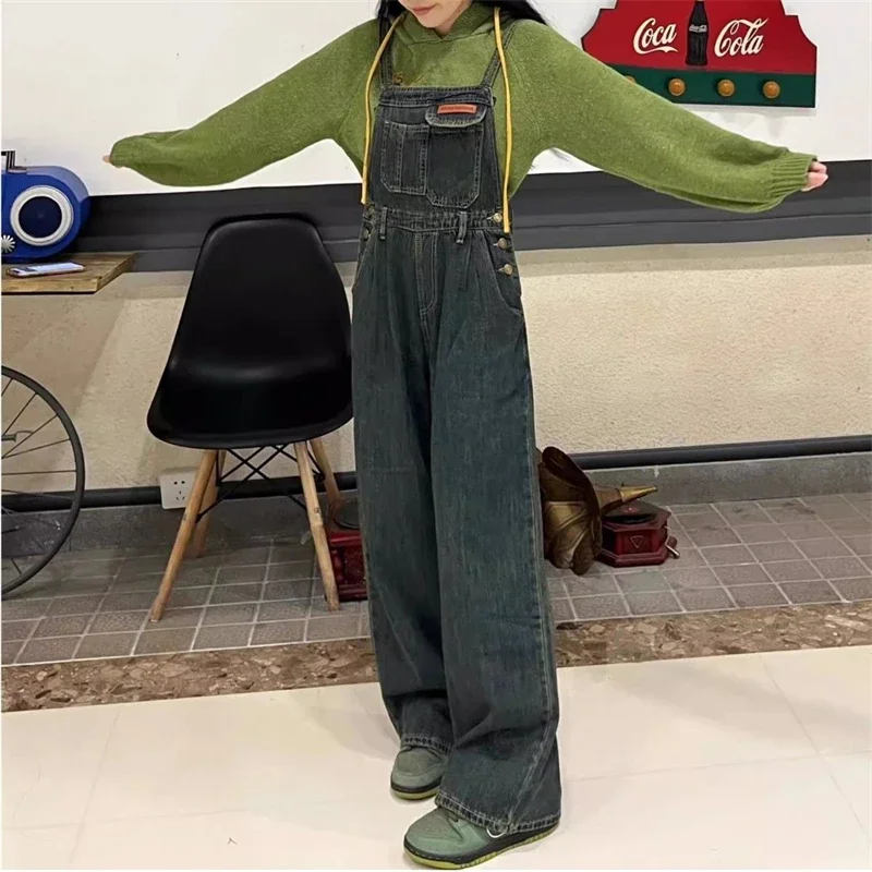 

Women's Vintage Blue Denim Overalls Fashion Wide Leg Suspender Jumpsuits Pants Female Streetwear Rompers Straight Trouser