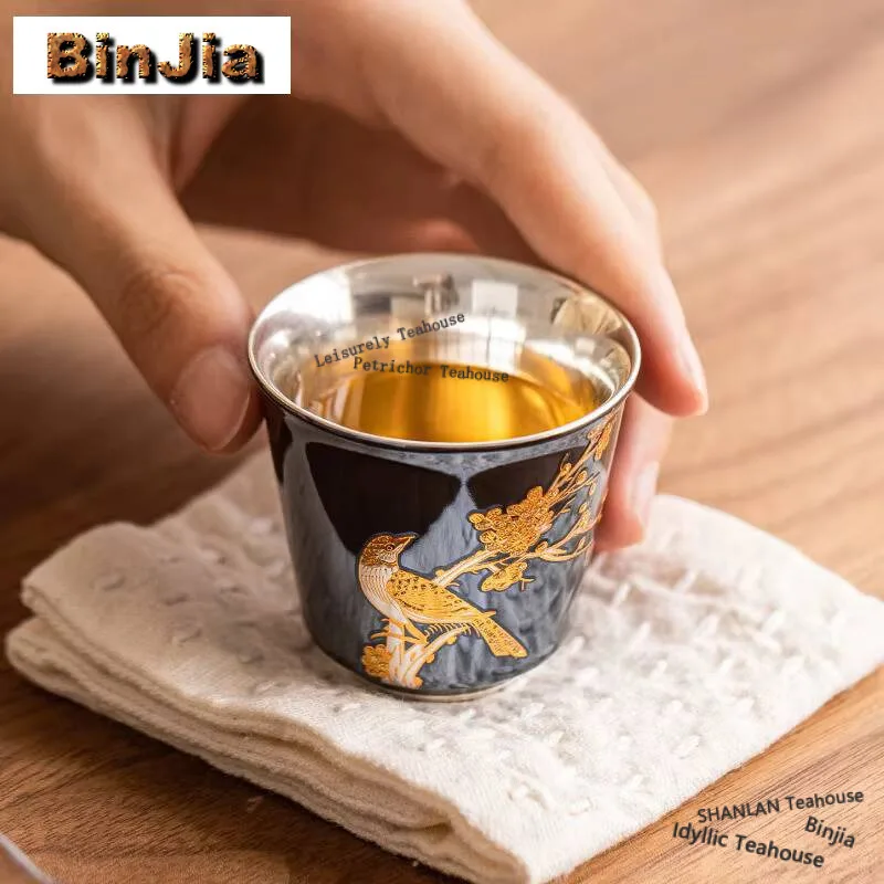 

35ml High-end 999 Gilded Silver Ceramic Teacup Flower And Bird Single Master Cup Household Meditation Cup Kung Fu Teaware Gifts