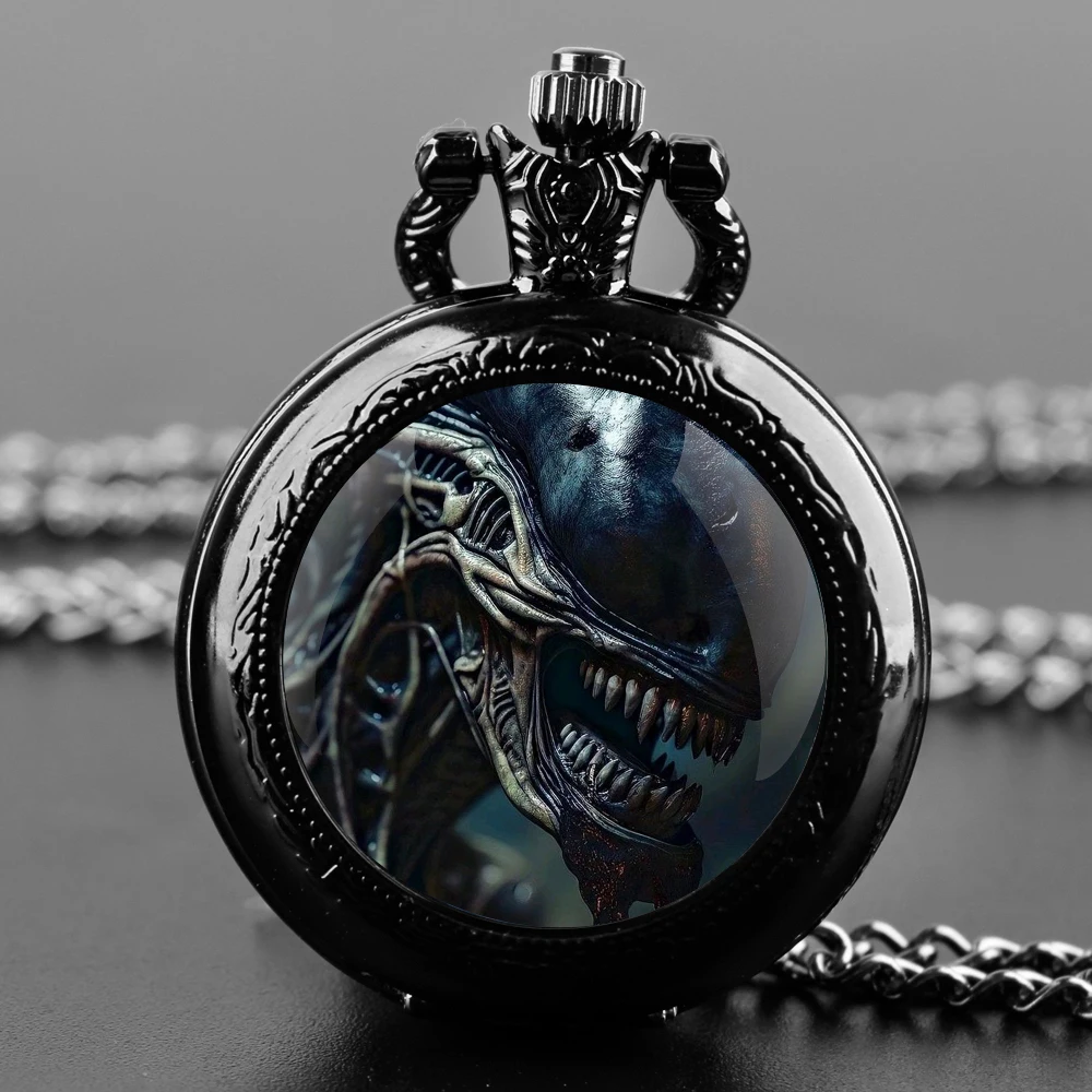 Alien Xenomorph‌ Design Unique Gifts Vintage Arabic Numerals Quartz Pocket Watch Necklace Pendant Clock Chain Men Gifts for Boys