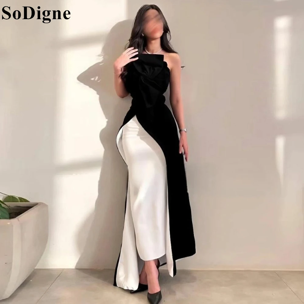 SoDigne Black and White Evening Dresses Strapless High Split Sexy Mermaid Gala Party Dress 2024 Special Occasion Prom Gowns