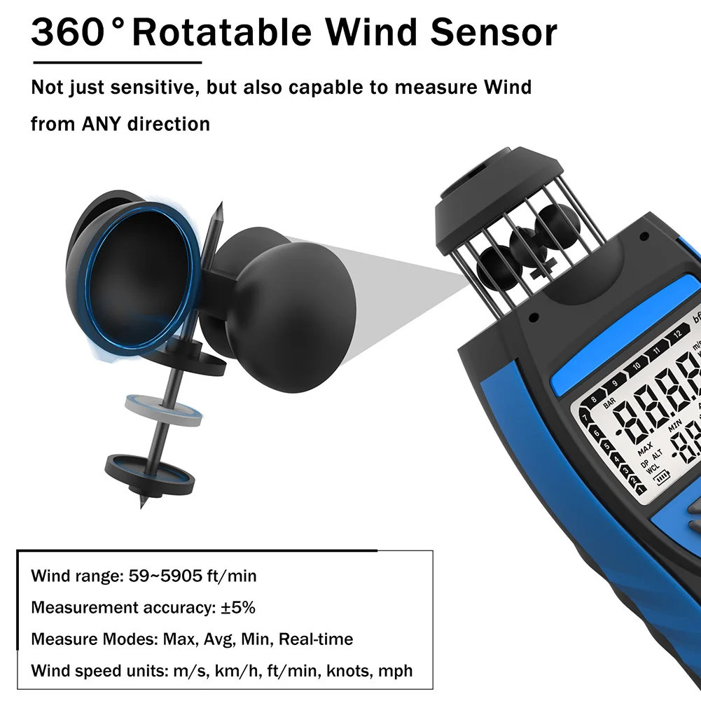 Digital Anemometer 8806WM-APP 0.3-42m/s Wind Meter With APP For Compass Temperature Humidity For HVAC Outdoor