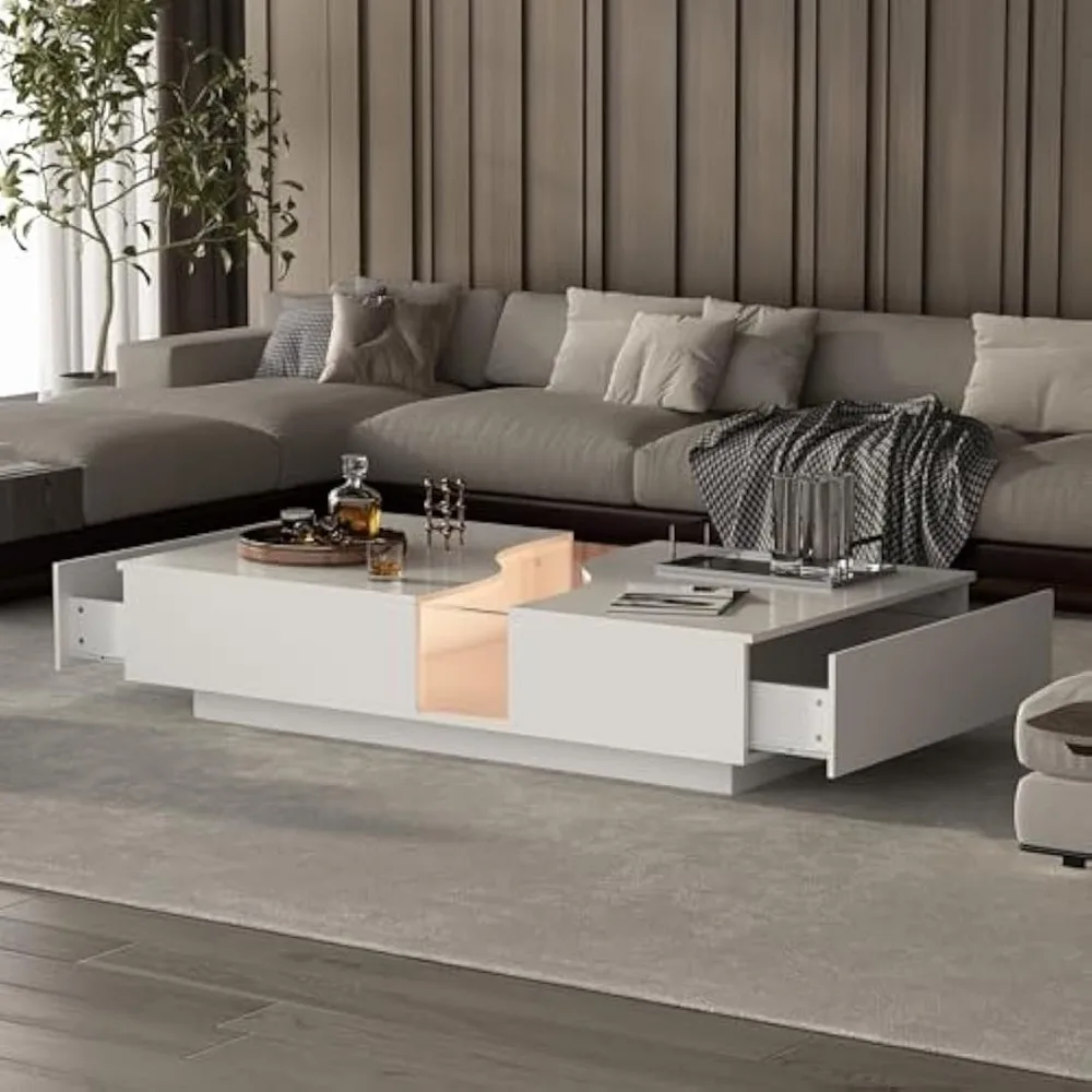 Modern Coffee Table with 2 Drawers & Tempered Glass Top, Tea Table with LED Lights & Remote Control, Rectangular Center Table