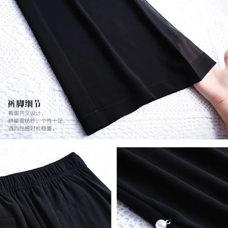 Women Summer New Chiffon High Waist Elastic Wide Leg Pants Fashion Split Crop Pants Casual Breathable Versatile Thin Suit Pants