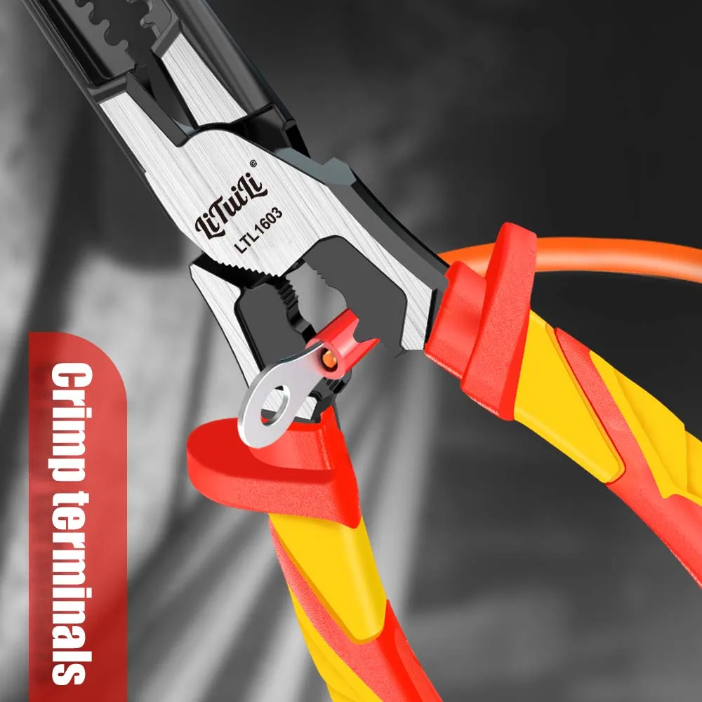 LiTuiLi VDE-Zange, 20,3 cm, isolierte Abisolierzange, Cr-V-Drahtschneider, professionelles Elektriker-Werkzeug, Crimp- und Kabelschneider – Detail 3
