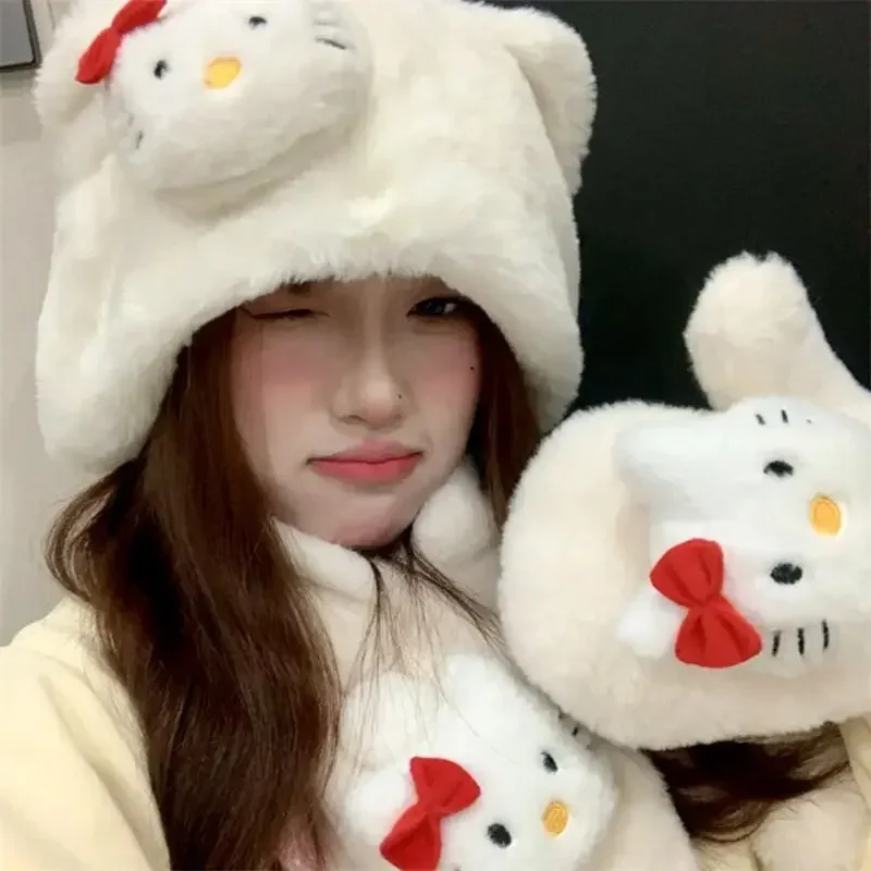 Sanrio Hello Kitty Plush Hat Three-piece Set Scarf Gloves Winter Earmuffs Cycling Warm Girls Furry Student Holiday Gift