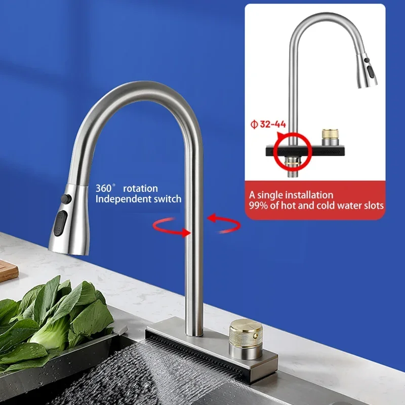 304 Stainless Steel Kitchen Waterfall Faucet Single-Hole Cold And Hot Water Faucet Can Rotate Multi-function Faucet