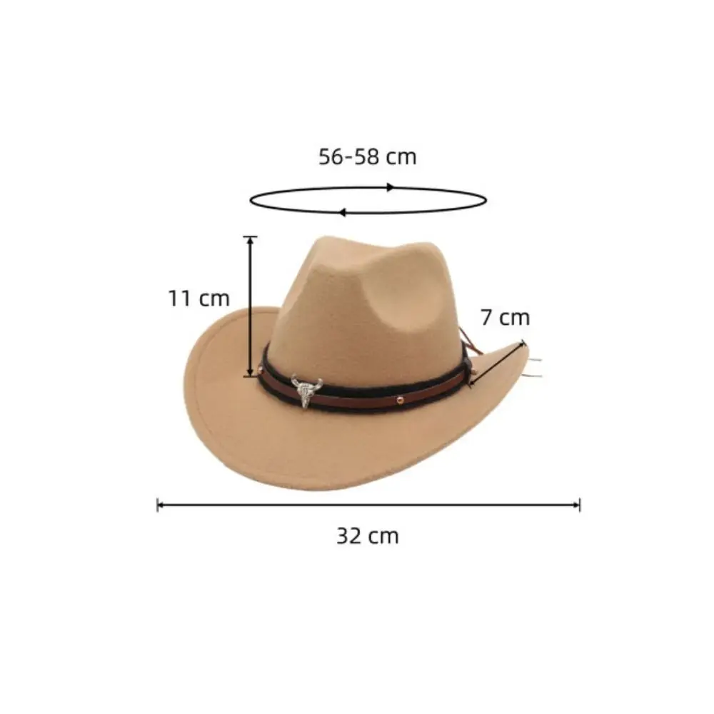 Western Cowboy Hat Roll Brim Ox Head Belt Felt Tibetan Style Top Hat Ethnic Style with Cow Band Cowgirl Cap Women