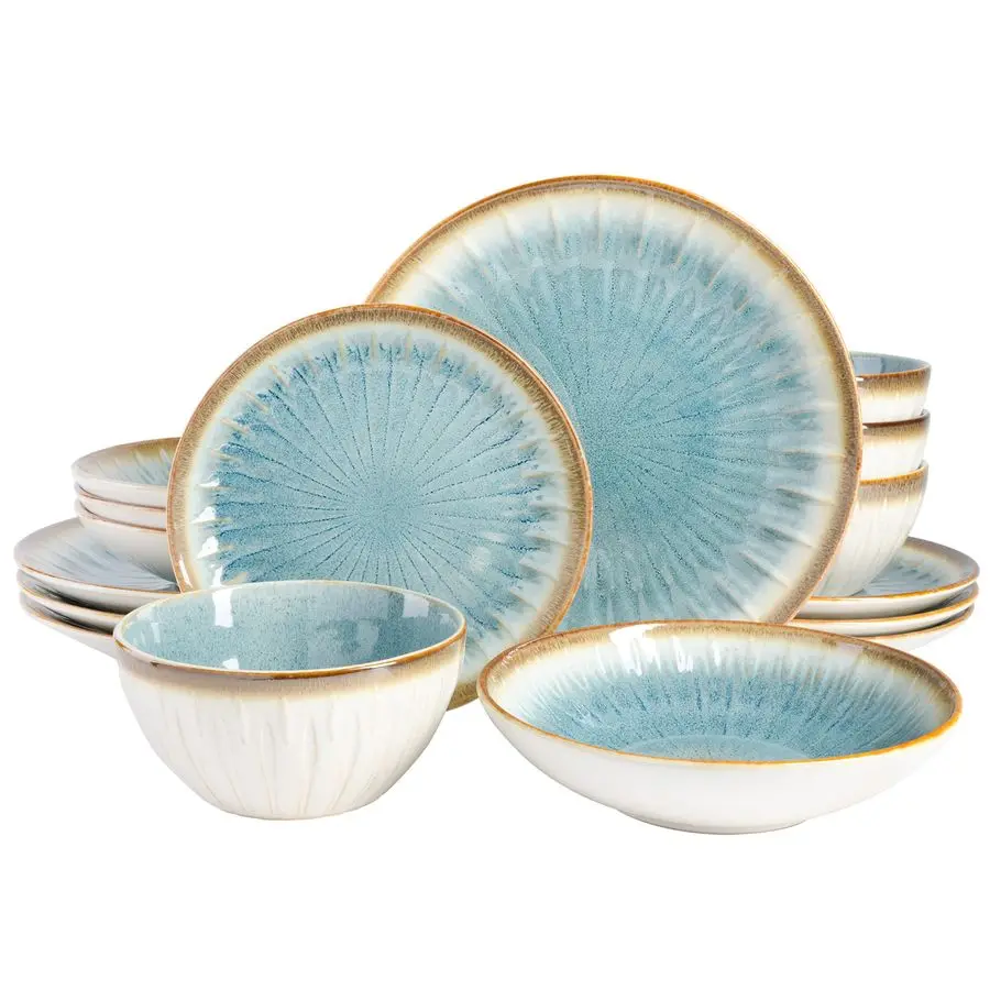 

Mayfair Bay 16Piece Embossed Double Bowl Dinnerware Set, Service for 4 Blue Stoneware Plates and Bowls