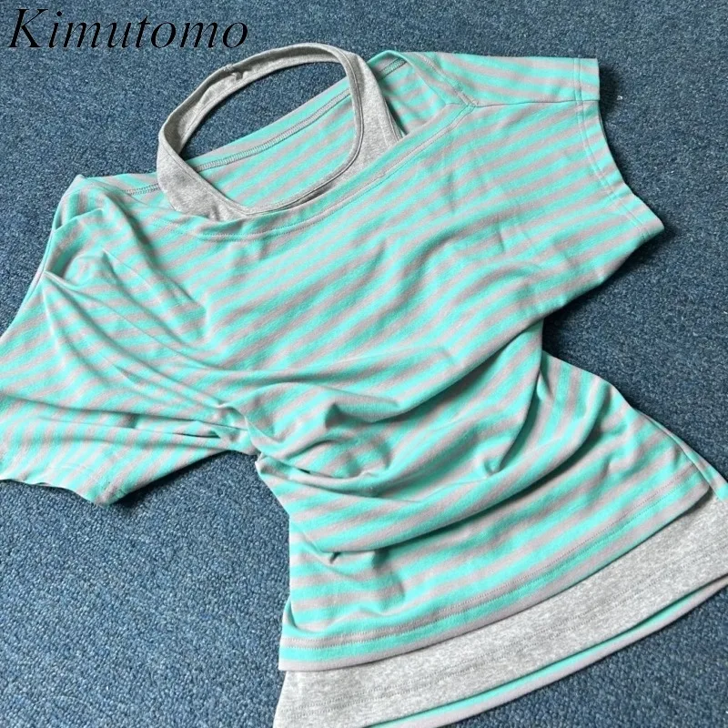 Kimutomo Women T Shirts Striped Printed Patchwork Off Shoulder Y2k Aesthetic Harajuku Tops Vintage Grunge Gothic Tee Shirt view 2