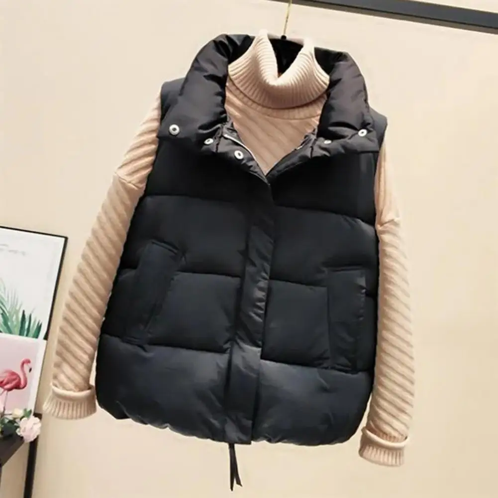 Solid Color Vest Coat Women's Winter Padded Vest with Zipper Closure Turn-down Collar for Outdoor Activities Windproof Heat