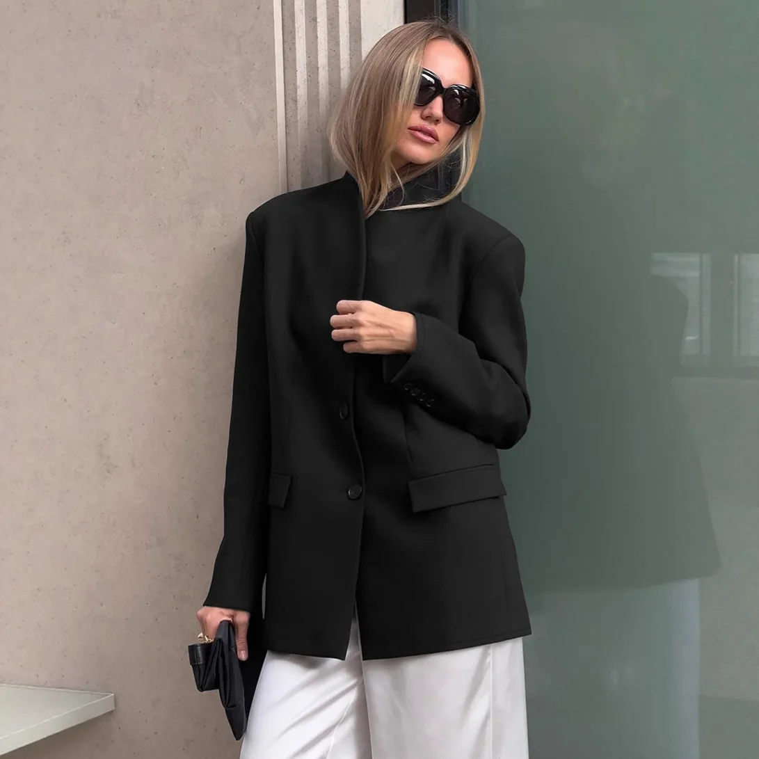 

Minimalist Autumn Women's Suit Jacket Solid Color V-Neck Button Pockets Outwear For Female Commuting Casual Office Lady's Coat