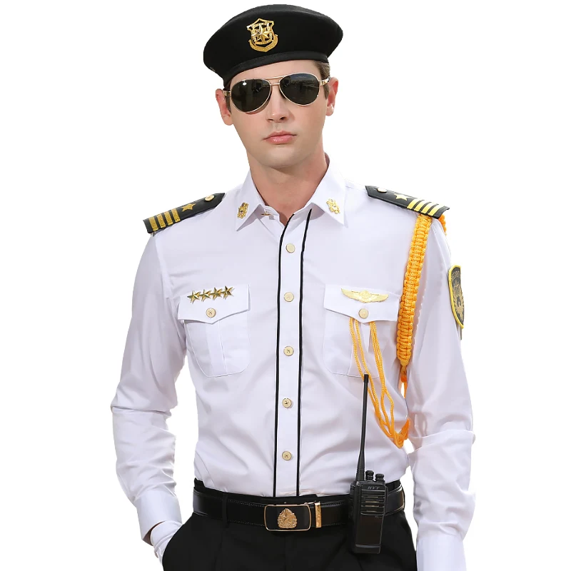 

Hot Sales Men Captain Pilot White Striped Shirts Set High Grade Security Work Shirts Uniform Professional Manager Business Set