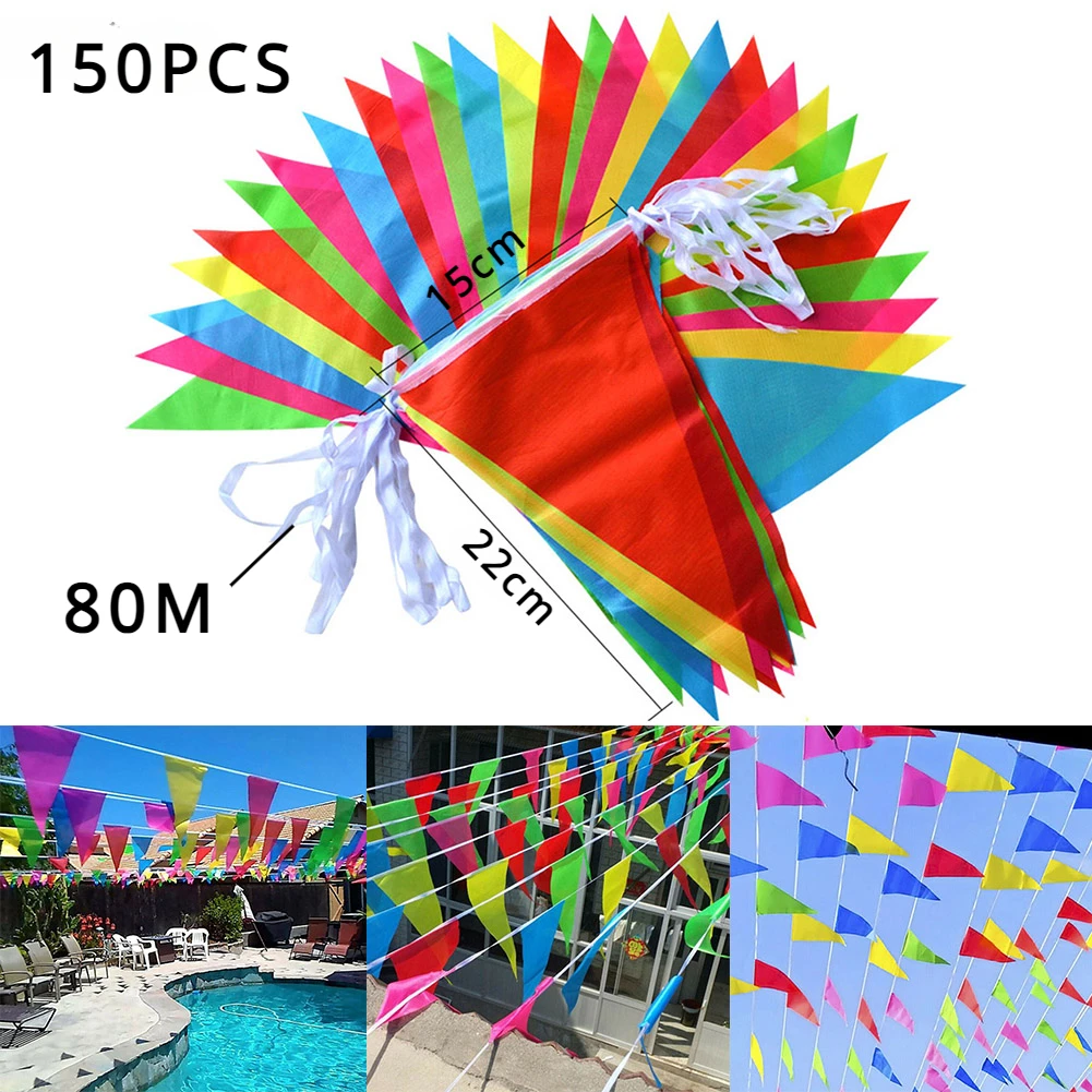 150 pçs 80m multicolorido triângulo bandeiras bunting festa banner galhardete festival decoração ao ar livre para casa jardim casamento decoração de rua