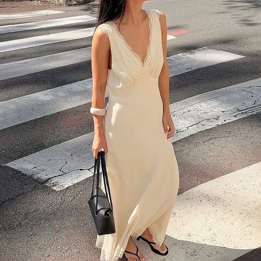 

Sleeveless V-Neck Lace Trim Dress Dresses for Women Spring Summer Casual Floral Long Dresses