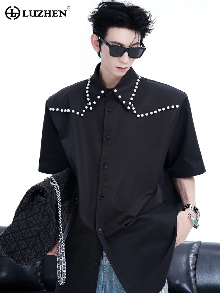 

LUZHEN Niche Design Pearl Decorate Short Sleeved Shirt Original Personalized Trendy Versatile Elegant Men's Korean Tops LZ4368