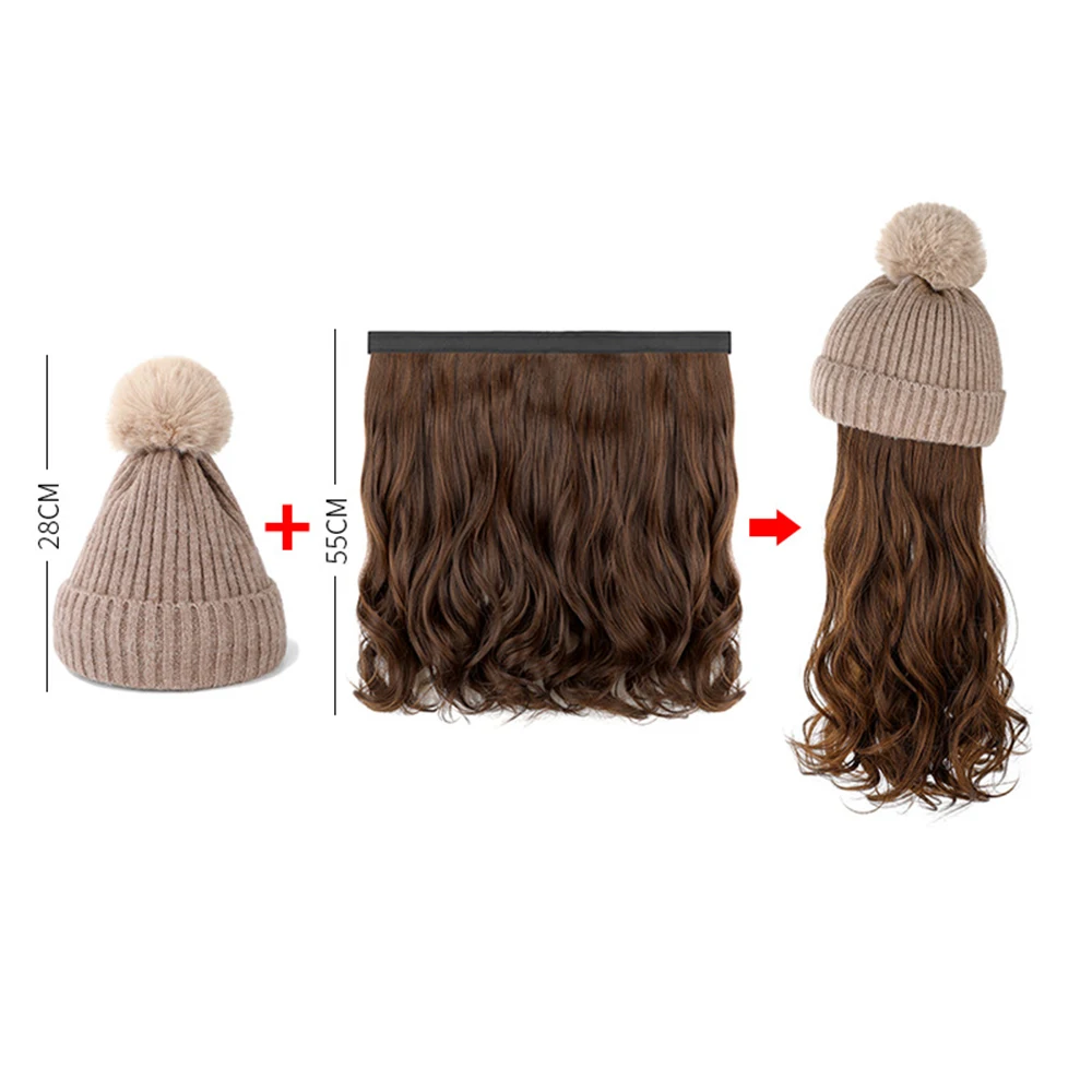 Synthetic Fashion Female Hat Wig Long Curly Hair Detachable In Autumn Winter Waving Wig With Hats For Birthday Gift