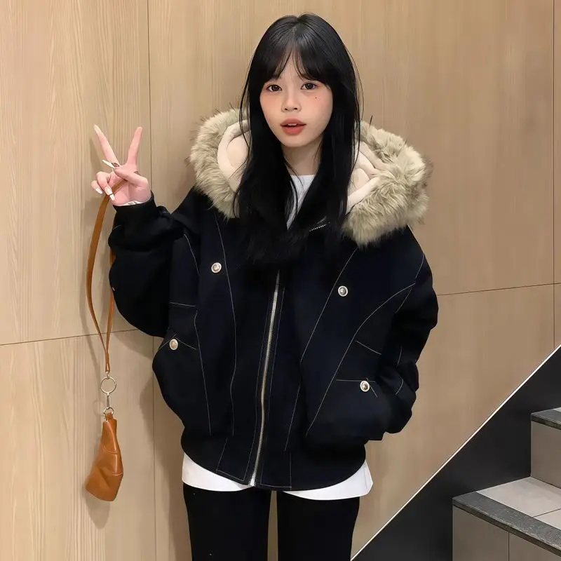 American Fashion Cotton Jacket for Women 2025 Winter New Style American Retro Loose Big Hairy Collar Coat Female Clothing