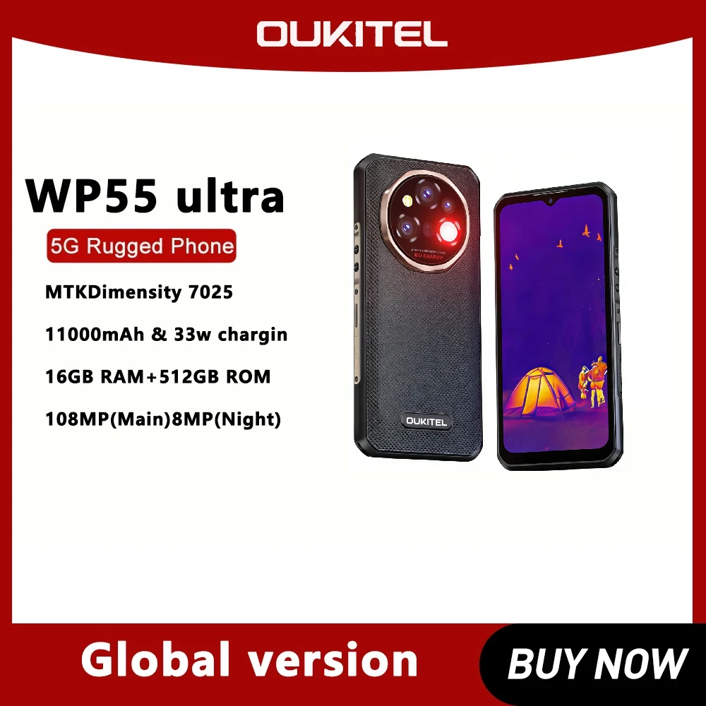 OUKITEL WP55 Ultra Rugged Phone - Thermal Imaging 5G Smartphone, MTK 7025, 12+512GB, 11000mAh, 108MP, 6.6