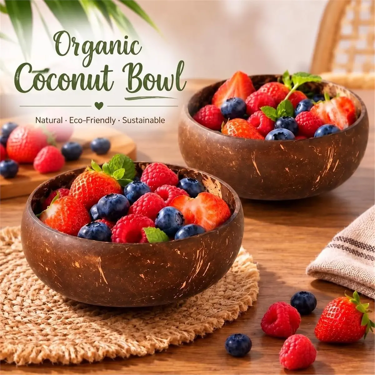 24 Pcs Bulk Polished Coconut Bowl and Wooden Spoon Sets Polished Coconut Salad Smoothie Bowls, Kitchen Dinnerware