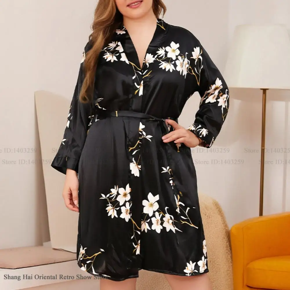 Vestido de talla grande 3XL 4XL 5XL para mujer, bata de baño tipo kimono con estampado de flores negras, ropa de dormir de satén para primavera, camisón informal para el hogar