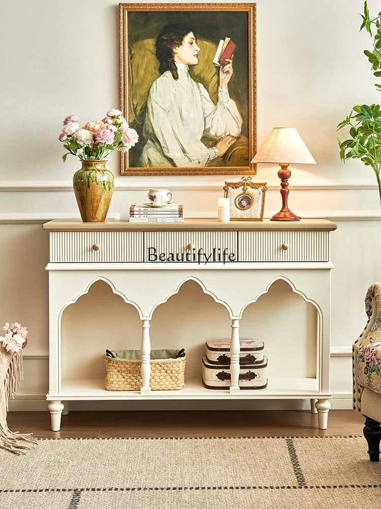 

01French cream style white solid wood porch entry storage high door living room aisle cabinet