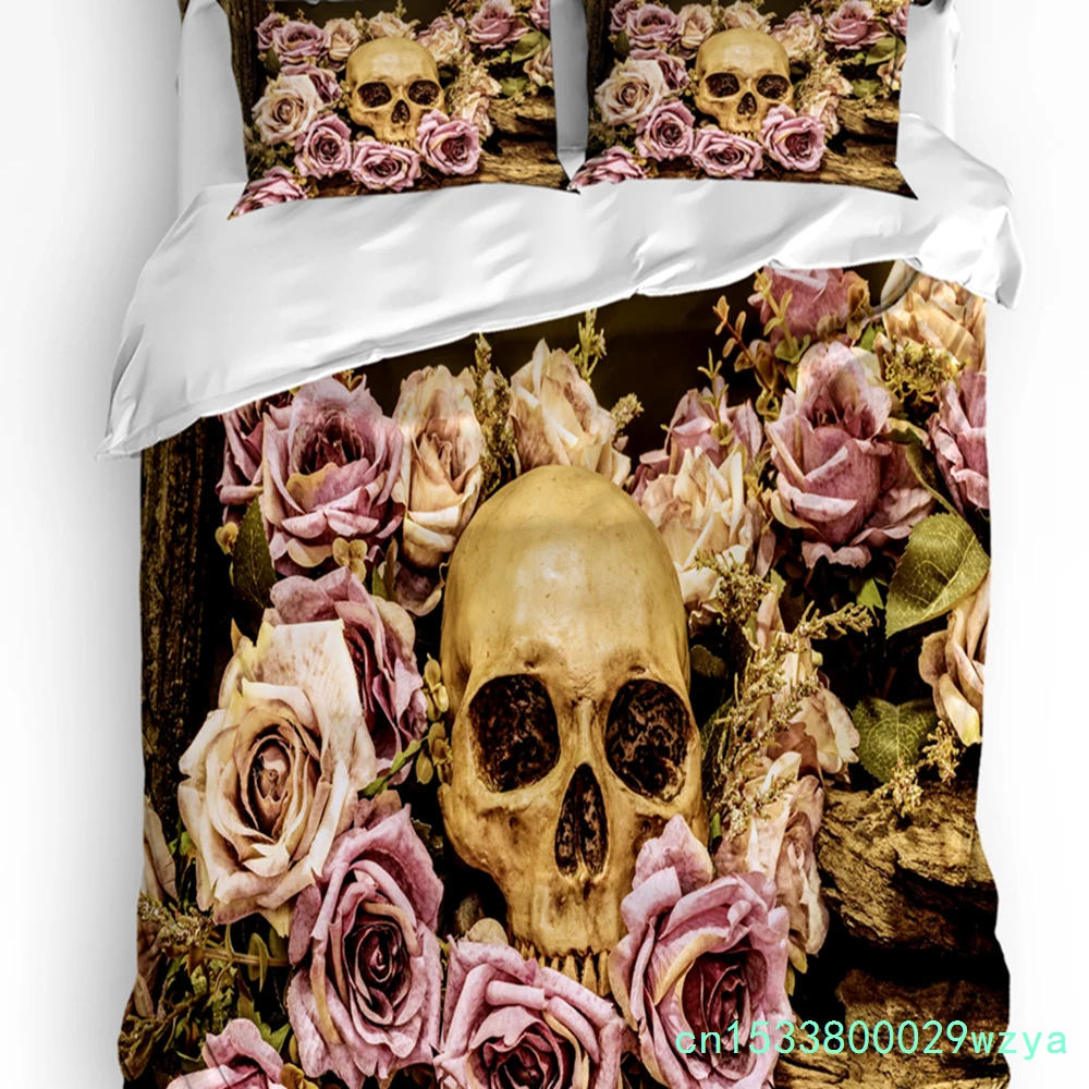 Skull Rose Wooden Retro Bedding Set 3pcs Boys Girls Duvet Cover Pillowcase Kids Adult Quilt Cover Double Bed Set Home Textile
