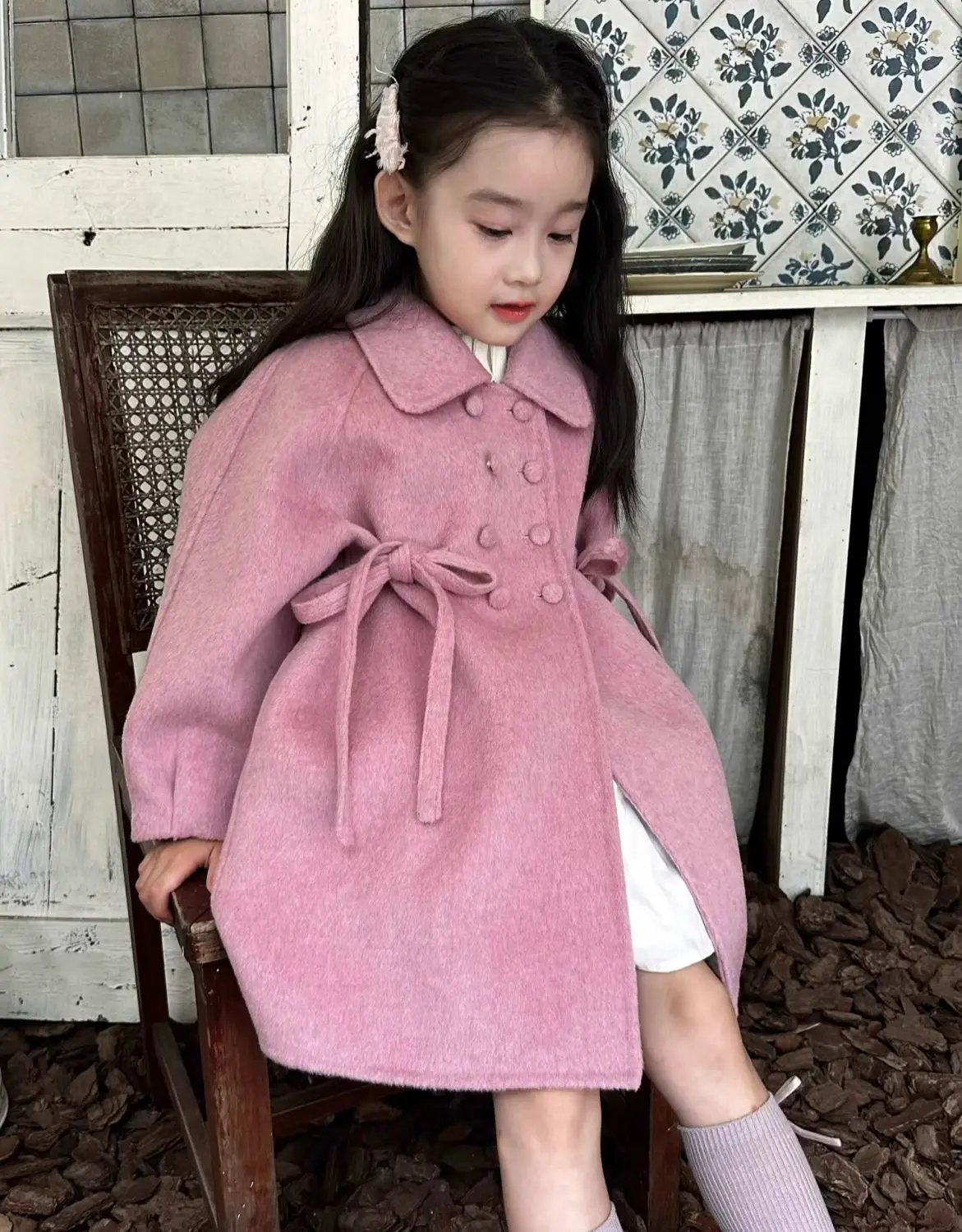 الخريف والشتاء طفل الفتيات معطف الصوف جديد الحلو الوردي الأرجواني معطف مزدوج الصدر للأطفال 90-140 سنتيمتر