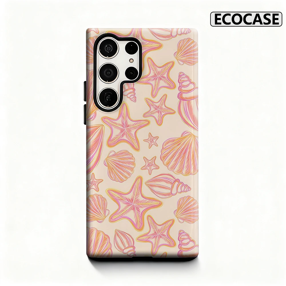 Handyhülle aus Pastell-Muscheln und Seestern für Samsung Galaxy S25 Ultra S24 S23 Ultra Plus, glänzende doppellagige Rückseite