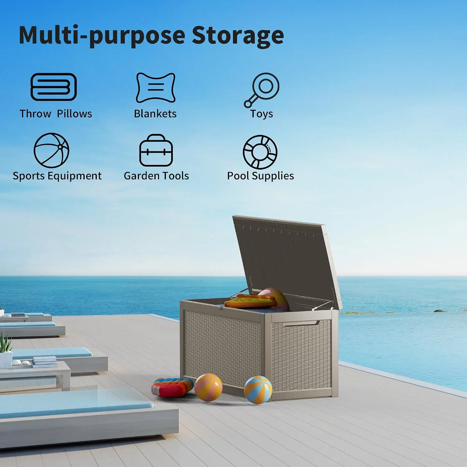 260 Gallon Resin Deck Box, Waterproof Lockable Outdoor Patio Storage Container with Bench Seating, Holds Cushions, Garden Tools, and Pool Supplies