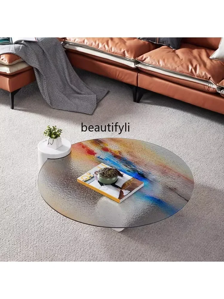 

07Light Luxury Minimalist Stone Plate Designer Home Living Room Marble Water Ripple Hot Melt Glass TeaTable living room furnitur