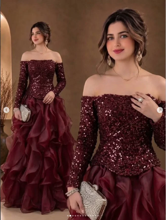 Women's Sparkly Sequins Ruffles A Line Sweetheart Evening Dresses With Long Sleeves Floor-Length Elegant Prom Dress Customized